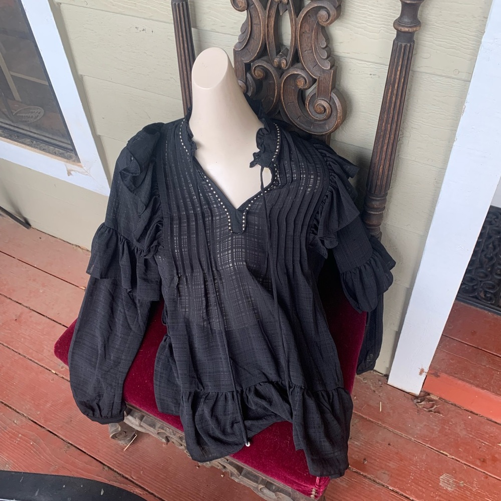 Free Generation ruffle front pirate black chiffon style sheer blouse top - Picture 13 of 15